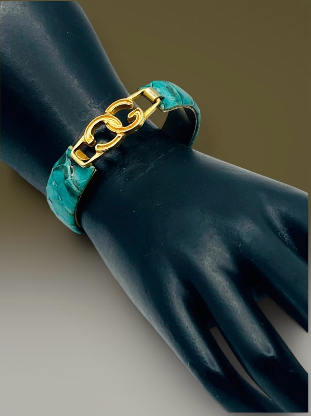 Vintage Italian 24KT Gold Plated Teal Snakeskin Interlocking GG Bangle Bracelet